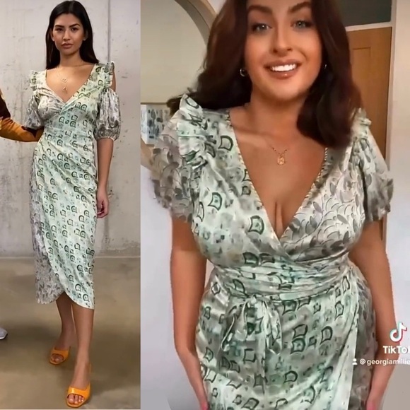 NEVER FULLY DRESSED Satin Puffed Sleeve Cold Shoulder Ruffled Wrap Midi Dress 2 - Picture 4 of 13